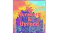 Grafik mit stilisierter Darstellung der Elbphilharmonie in Hamburg vor einem bunten Hintergrund in Gelb-, Blau- und Rottönen. Auf dem Gebäude steht der Text 'RG Hamburg & Umland' in großen, pinkfarbenen Buchstaben.