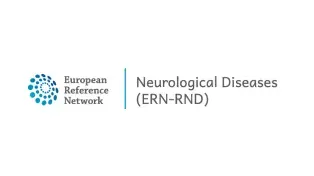 Logo des European Reference Network Neurological Diseases (ERN-RND). Links befindet sich ein kreisförmiges Symbol aus blauen Punkten in verschiedenen Größen. Daneben steht der Schriftzug 'European Reference Network' in schwarzer Schrift. Rechts davon steht 'Neurological Diseases (ERN-RND)' in grauer Schrift, getrennt durch eine dünne blaue Linie.
