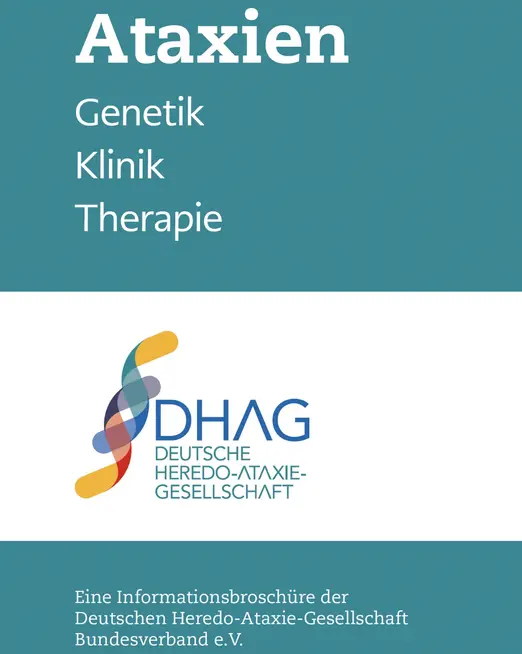 Titelbild einer Informationsbroschüre der Deutschen Heredo-Ataxie-Gesellschaft (DHAG) mit dem Titel 'Ataxien - Genetik, Klinik, Therapie'.
